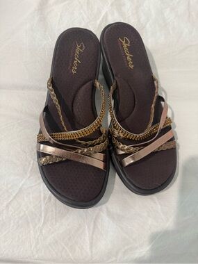 Skechers Bronze and Gold Rhinestone Braided Slide Sandals